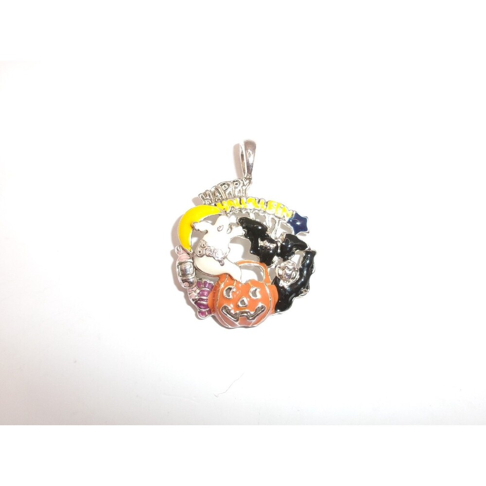 Happy Halloween Pendant Orange Black Yellow Enameled Silver Tone Metal 1"x2"